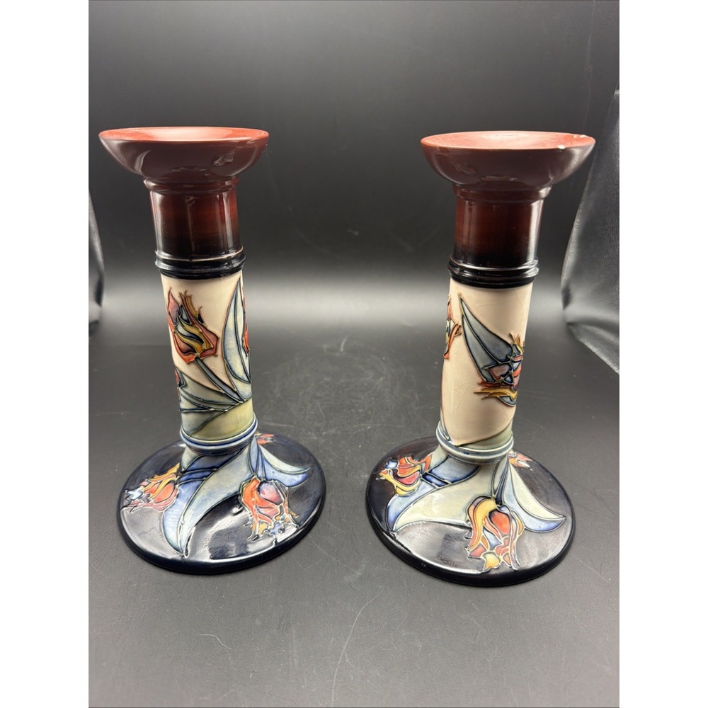 Moorcroft Sally Tuffin Red Tulip Candlestick Pair 8.25" England